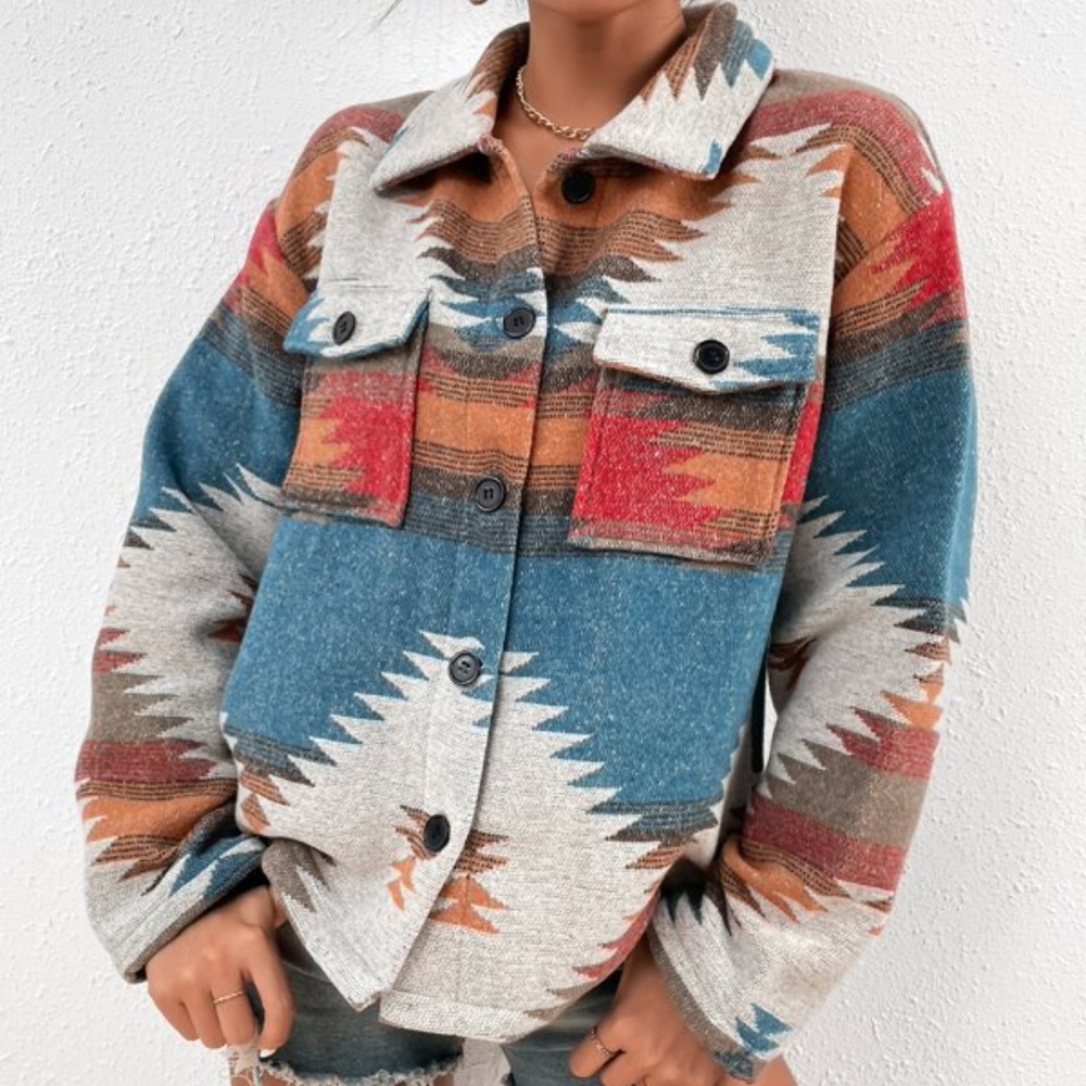 Cozy Tribal Print Button up Jacket Shacket Luxe - Picture 6 of 7